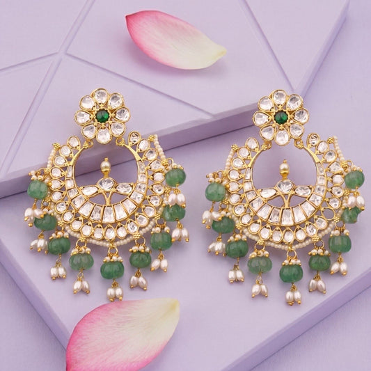 Bridal Polki Chandbali Earrings With Green Beads And Pearl Hangings