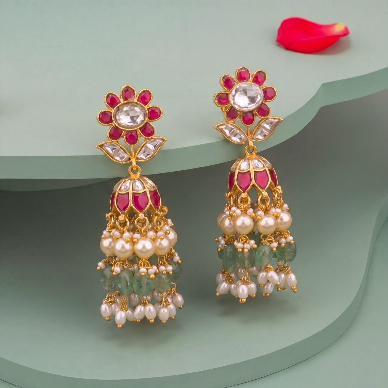 Premium Elite Jadau Kundan Jhumka Earrings With Pearl Hangings for festive celebrations