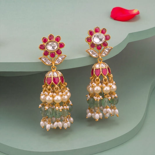 Premium Elite Jadau Kundan Jhumka Earrings With Pearl Hangings for festive celebrations