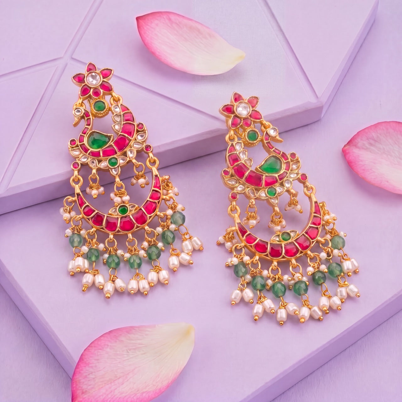 Traditional Jadau Kundan Chandbali Earrings Pearl Hangings