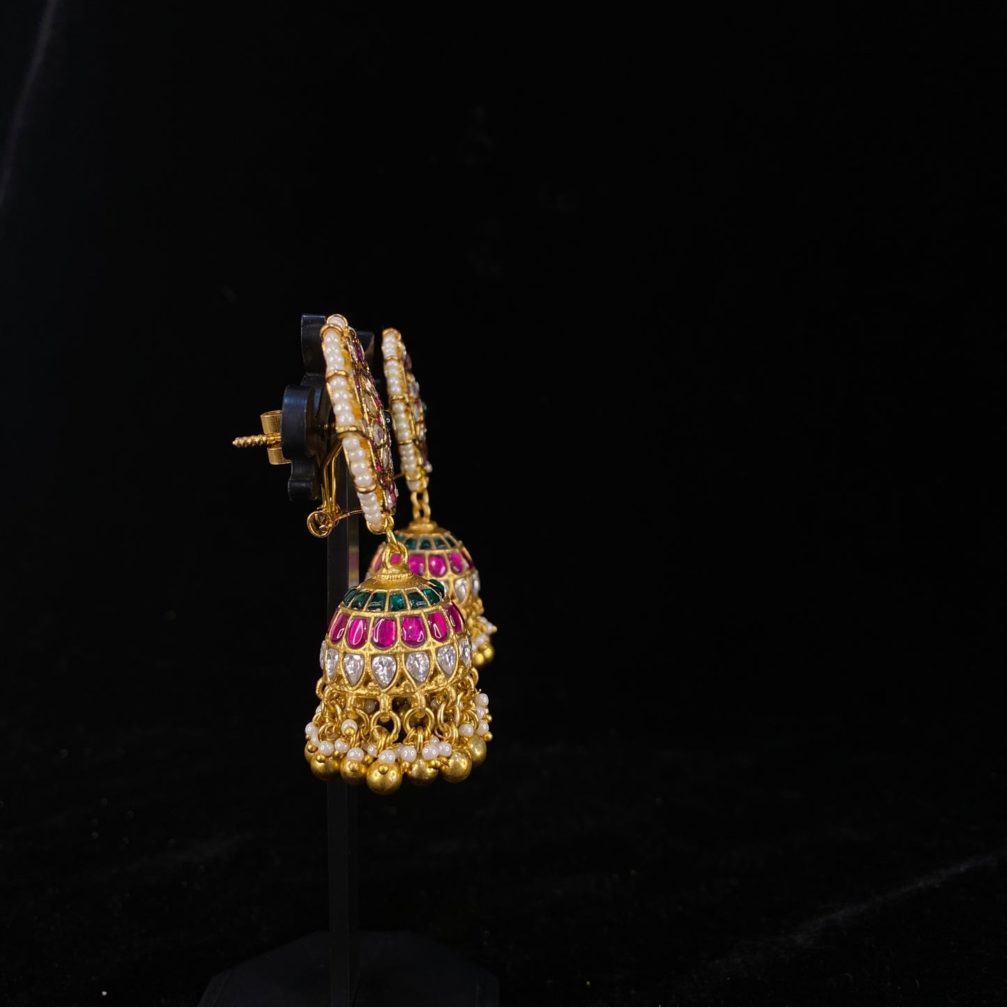 Opulent Starburst Jadau Kundan Jhumkas with Emerald Beads