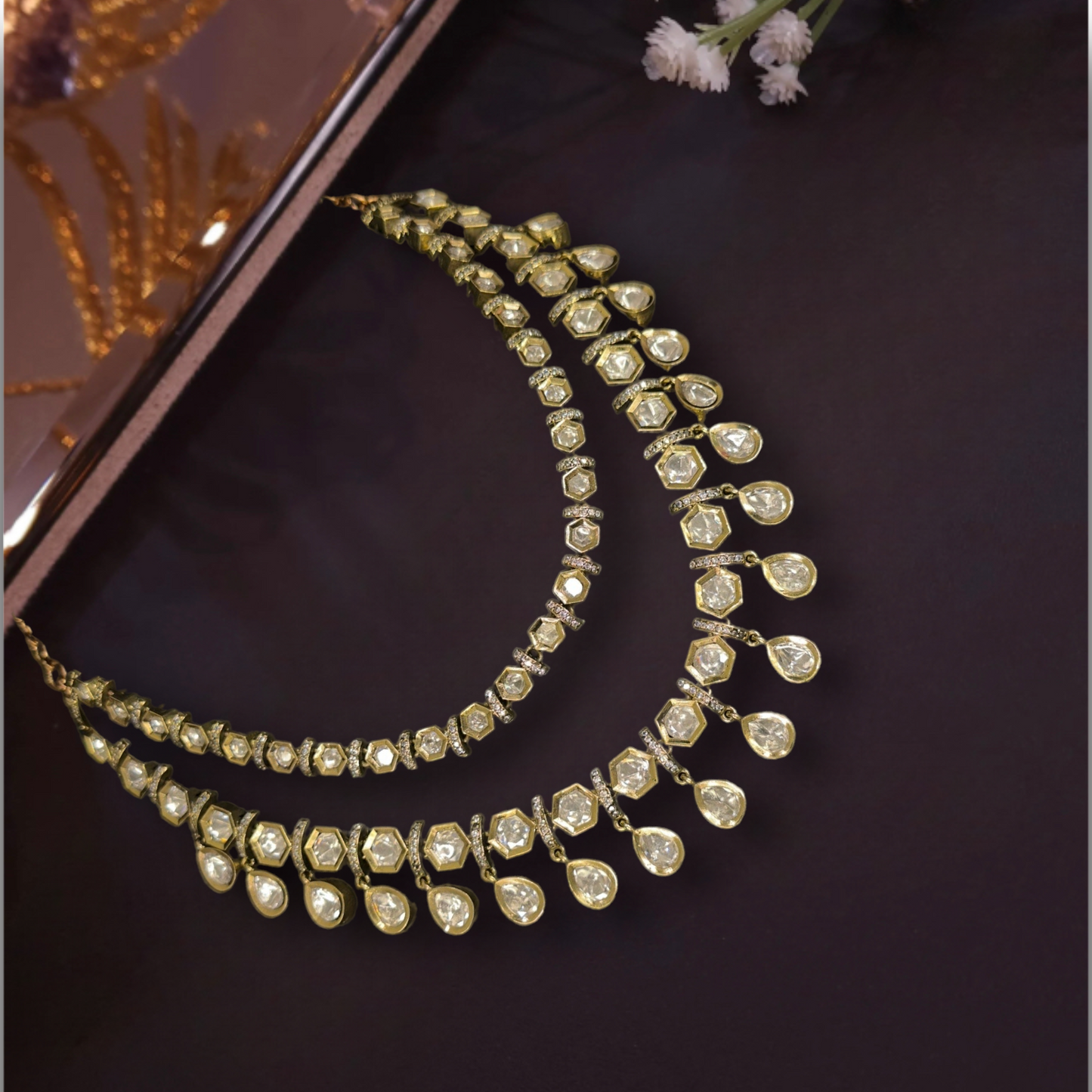 Designer two-step Victorian Necklace Set with zircon,and moissanite polki stones,including matching earrings. This Victorian Jewellery is available in a White colour variant. 