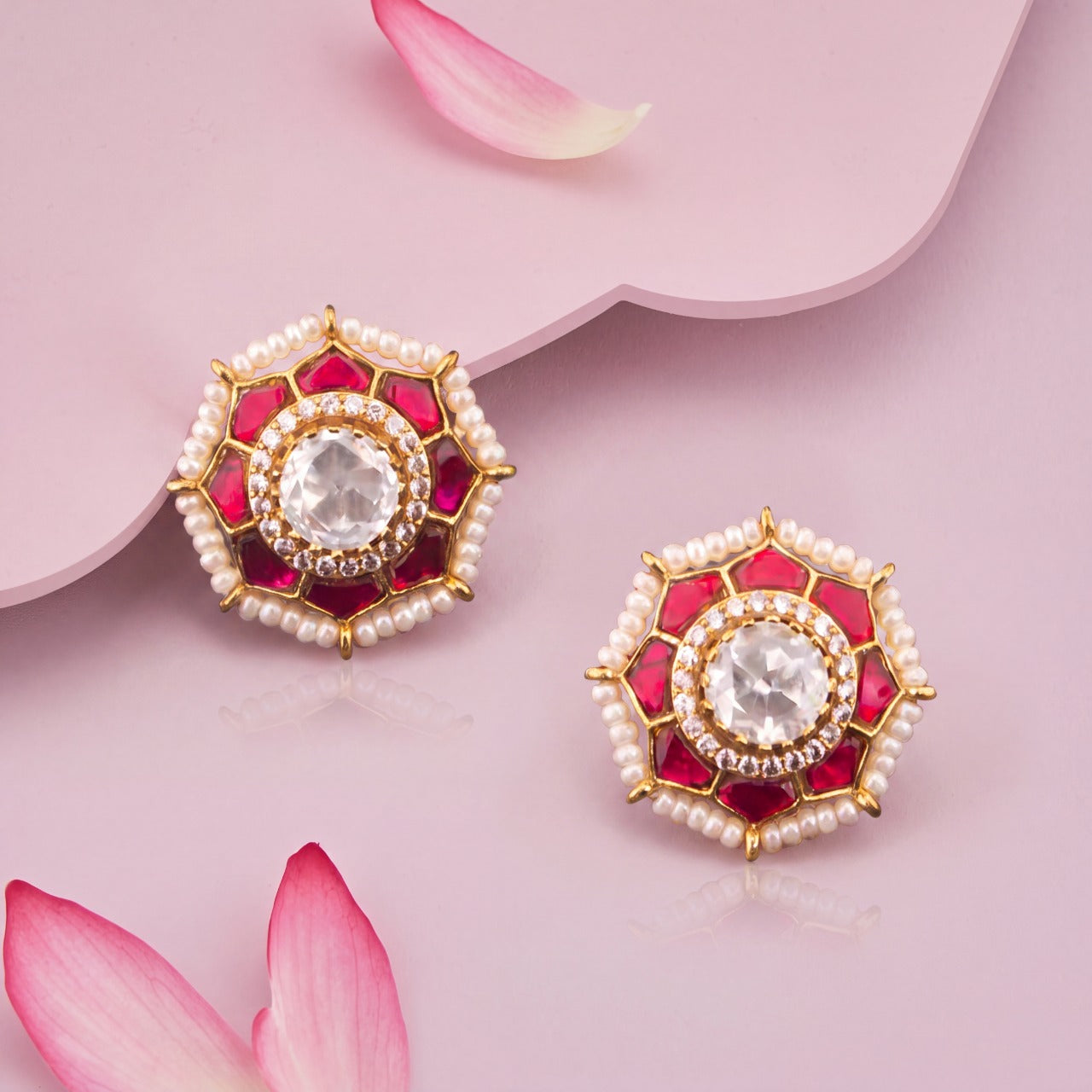 Floral Stud Earrings With Pearl Bordering - Premium Indian Ethnic Jewelry | Dulhan Jewels