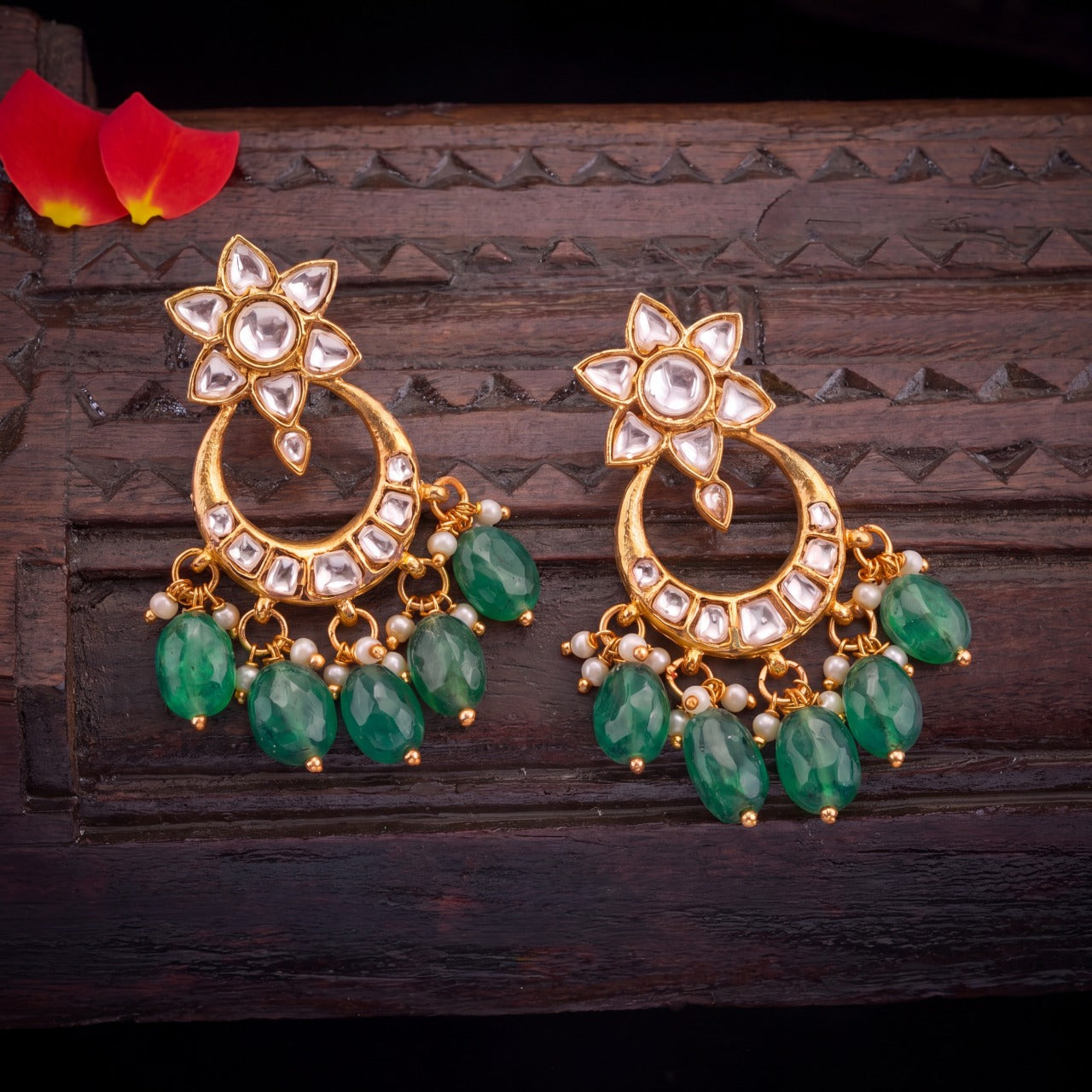 Unique Jadau Kundan Chandbali Earrings With Green Beads - Premium Indian Ethnic Jewelry | Dulhan Jewels