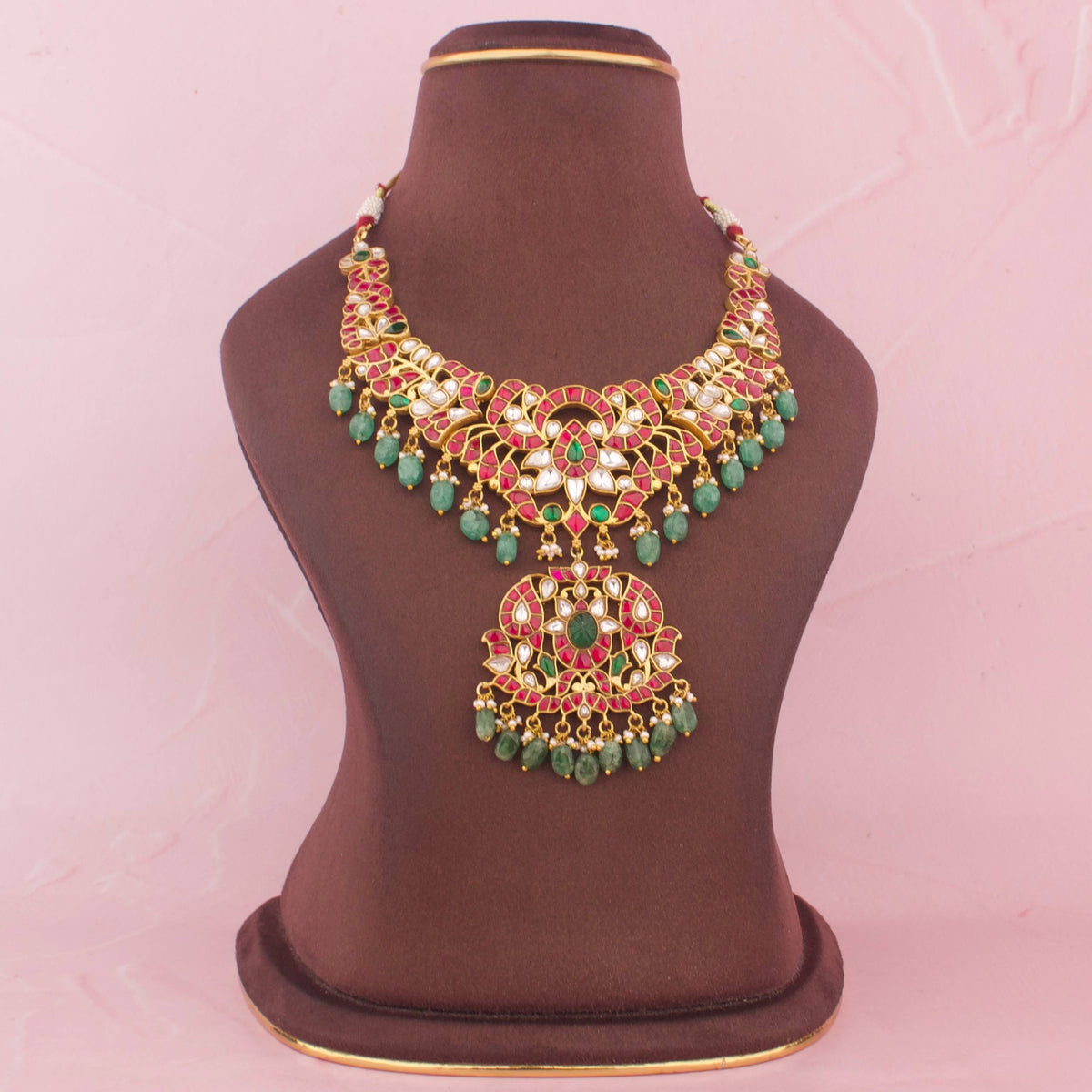 Floral Design Jadau Kundan Necklace Set With Green Beads
