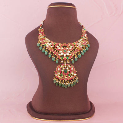 Floral Design Jadau Kundan Necklace Set With Green Beads