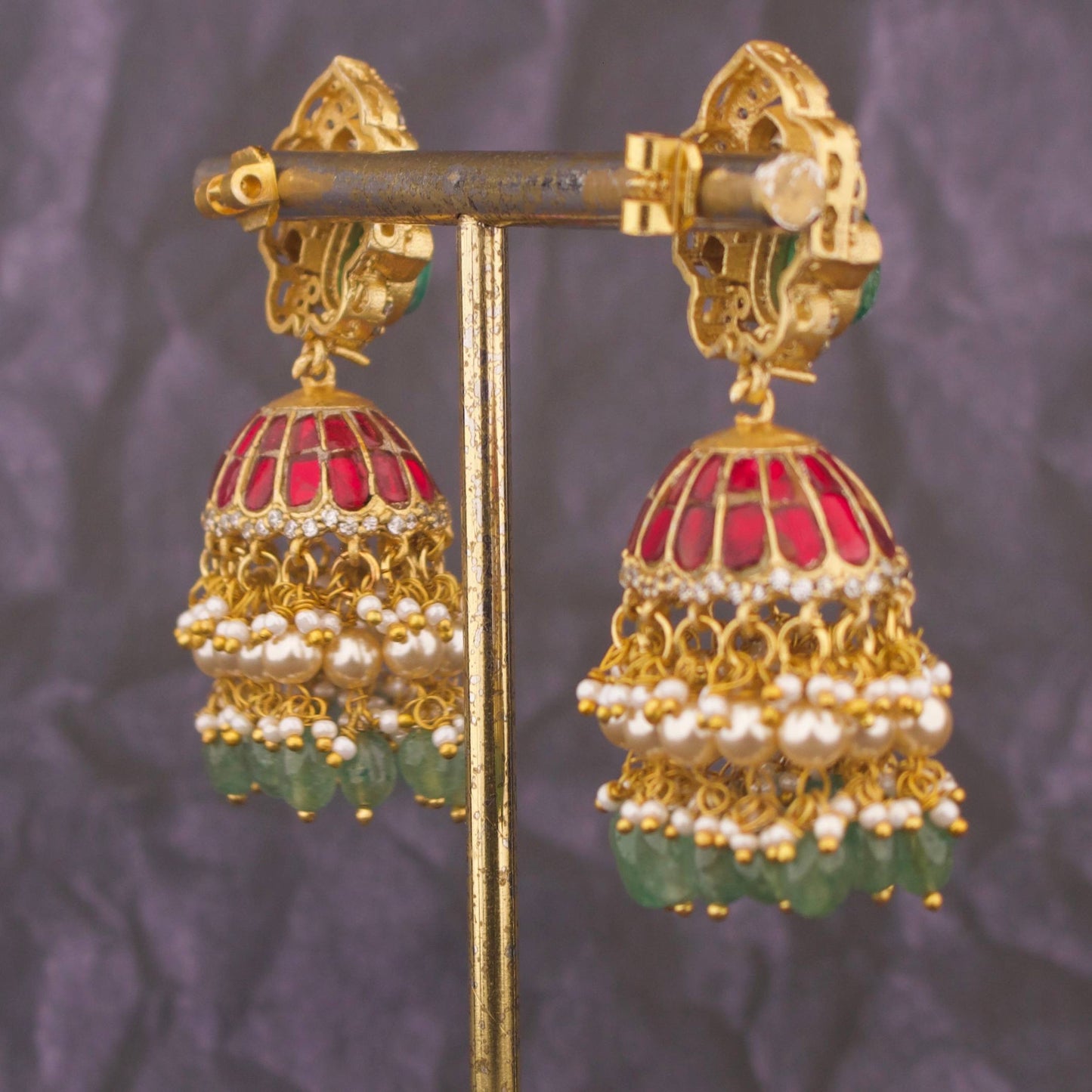 Designer Jadau Kundan Jhumka Earrings With Green Drops