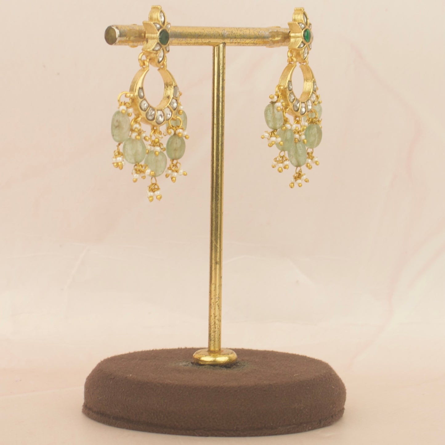 Classic Jadau Kundan white Chand Bali With Green Beads Hanging