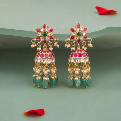 Phool Design Jadau Kundan Jhumka Earrings With Green Beads