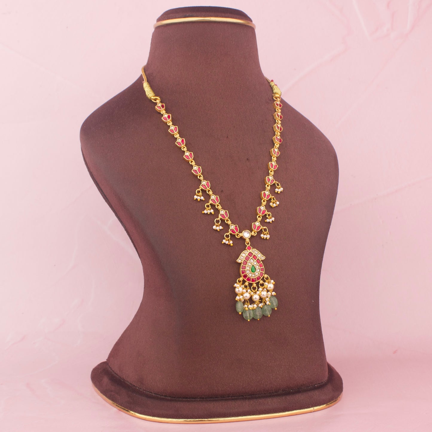 Dainty Jadau Kundan Necklace With Ruby And Emerald Beads