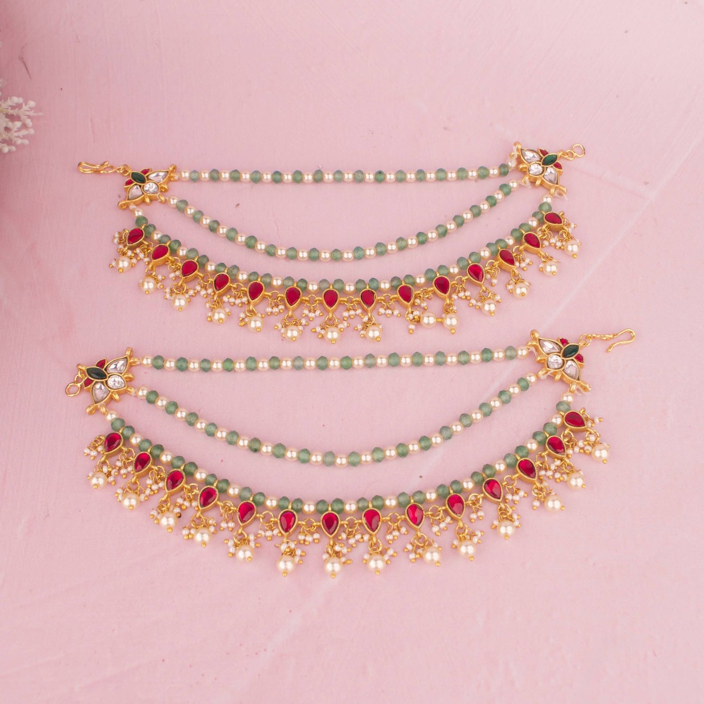 Bridal Ruby Pearl Ear Chain With Multi-Strand Green Beads