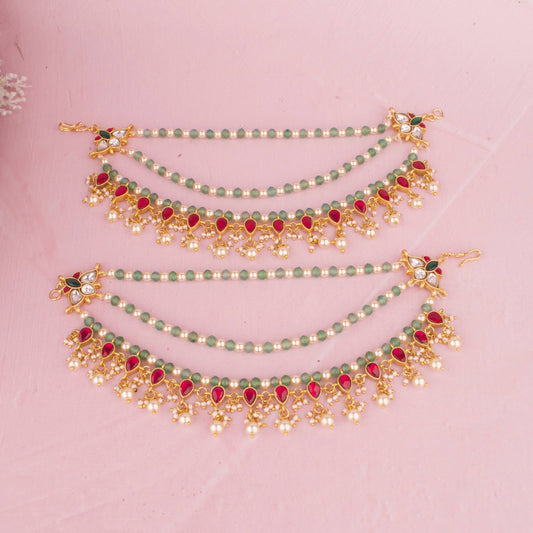 Bridal Ruby Pearl Ear Chain With Multi-Strand Green Beads