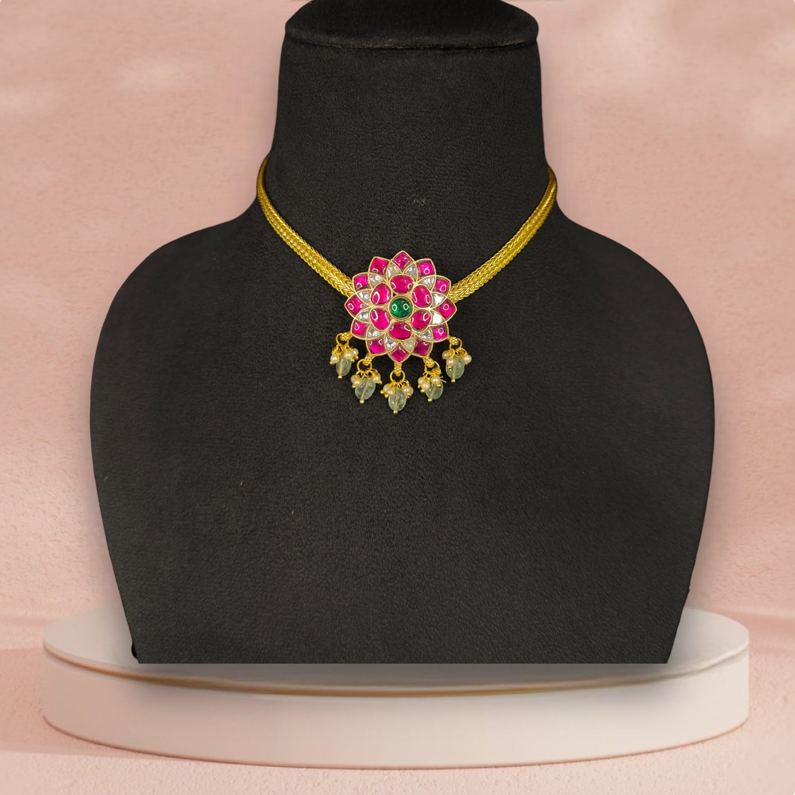 Floral Jadau Kundan Chain Pendant Necklace with Green Drops with 22k gold plating  this product belongs to jadau kundan jewellery category