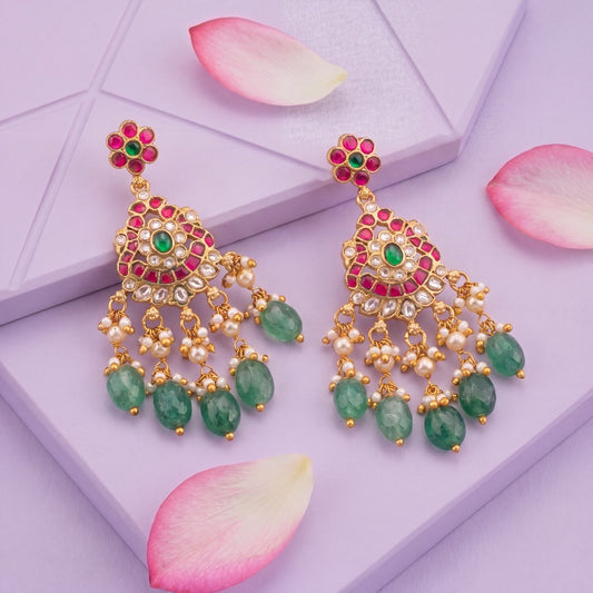 Elegant Jadau Kundan Chandbali Earrings With Emerald Beads - Premium Indian Ethnic Jewelry | Dulhan Jewels