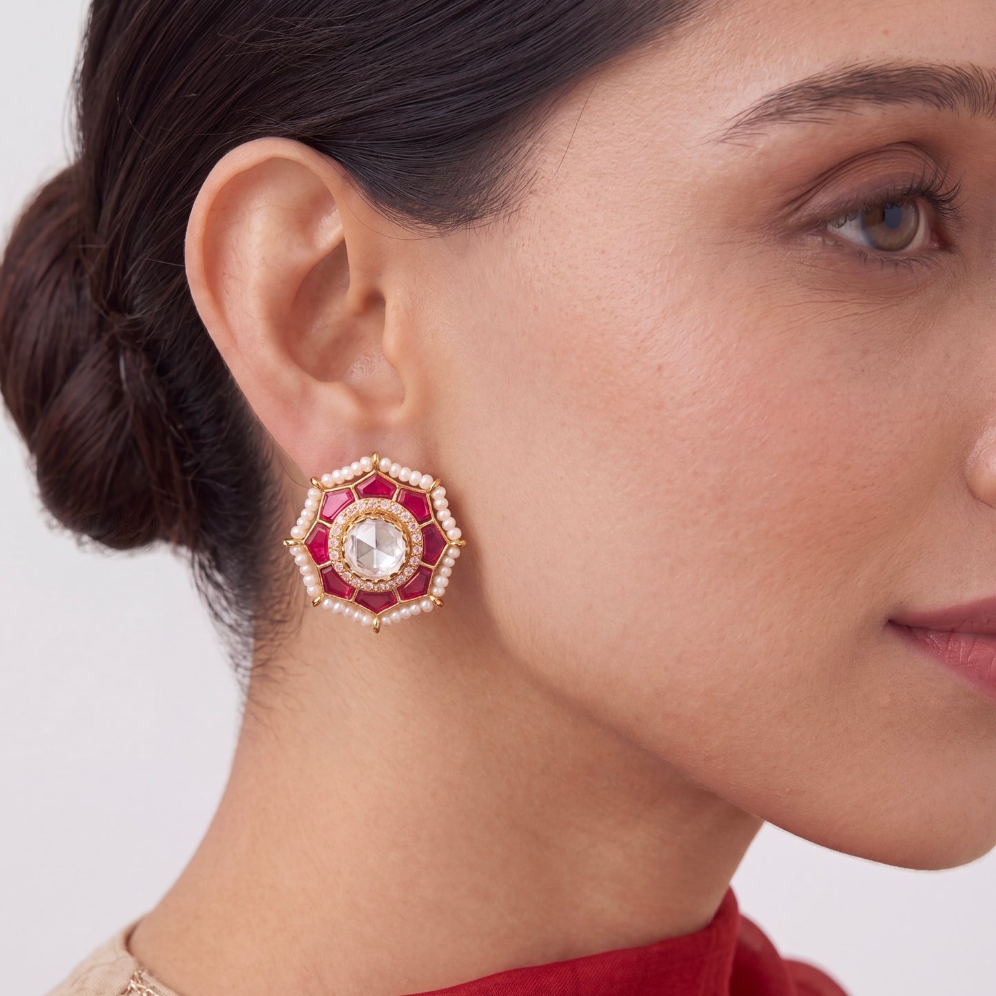 Floral Stud Earrings With Pearl Bordering
