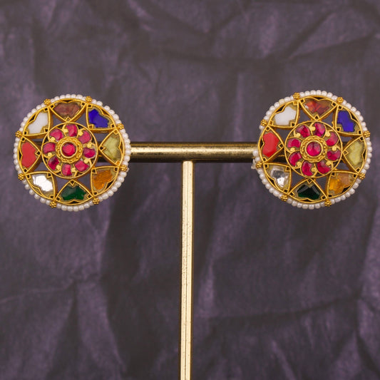 Gold Inspired Jadau Kundan Navratna Studs