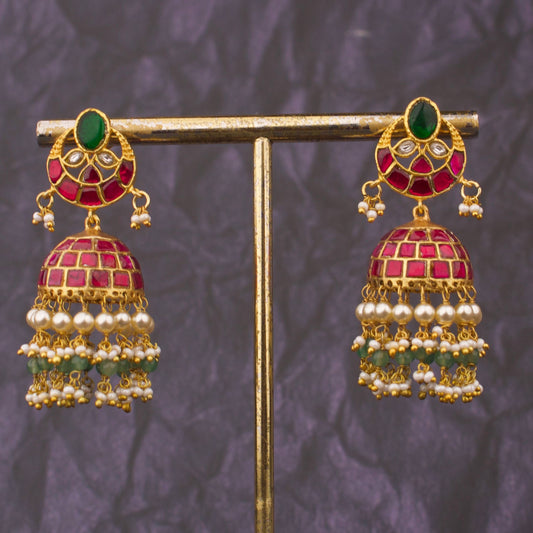 Classic Jadau Kundan Studded Chand Design Jhumka Earrings With Multi Pearl Layer Drops