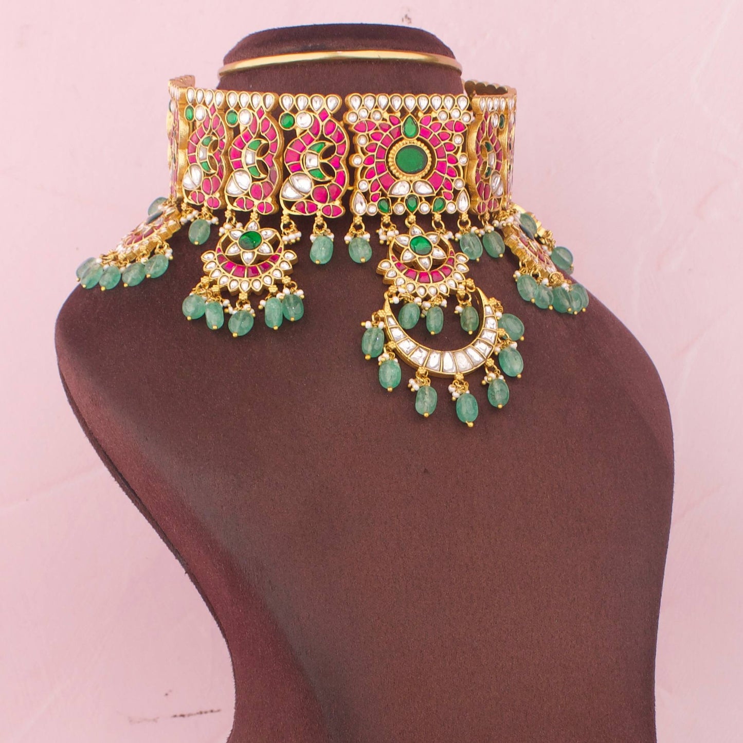 Royal Bridal Jadau Kundan Choker With Green Drops