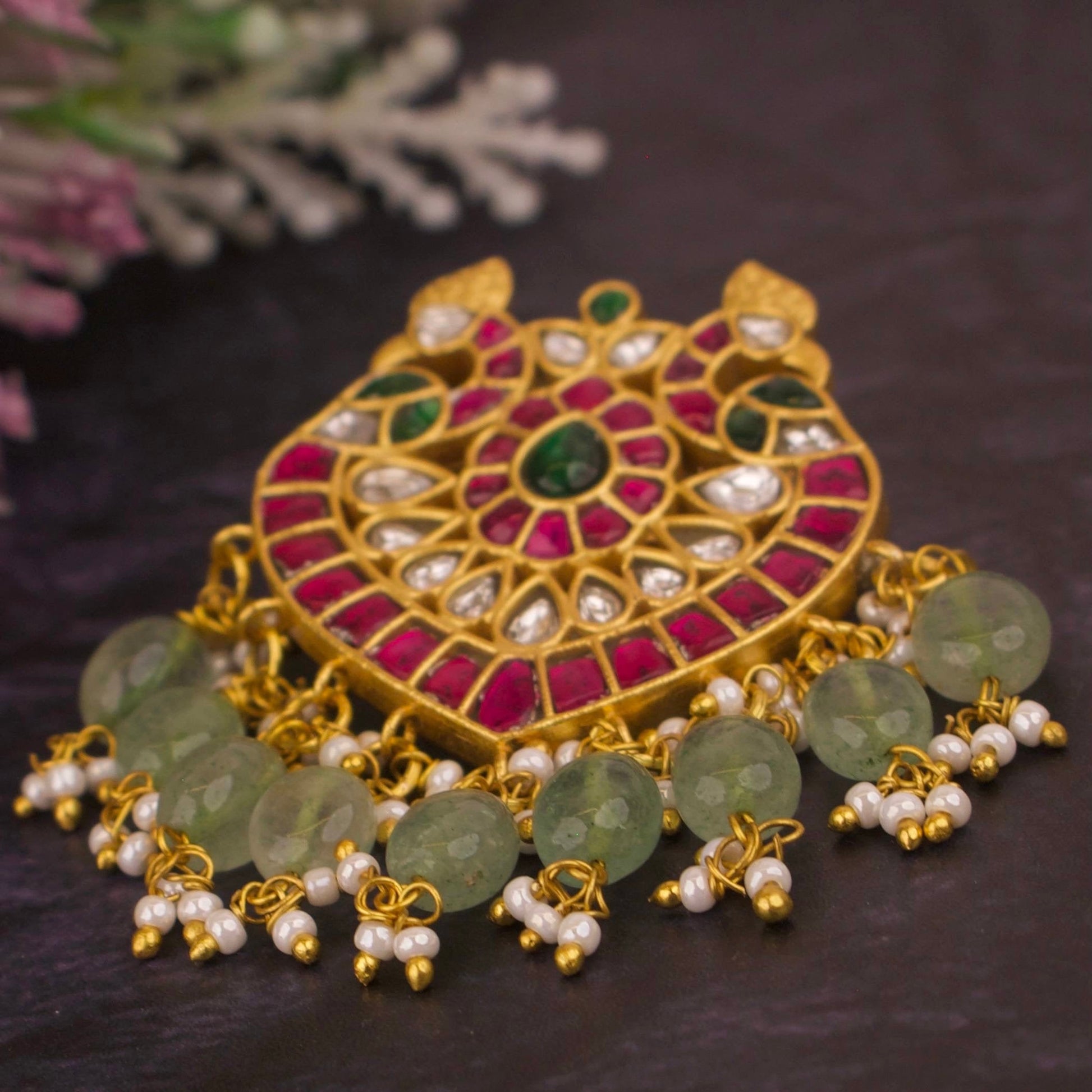 Floral Studded Peacock Design Small Sized Jadau Kundan Locket - DULHAN JEWELS