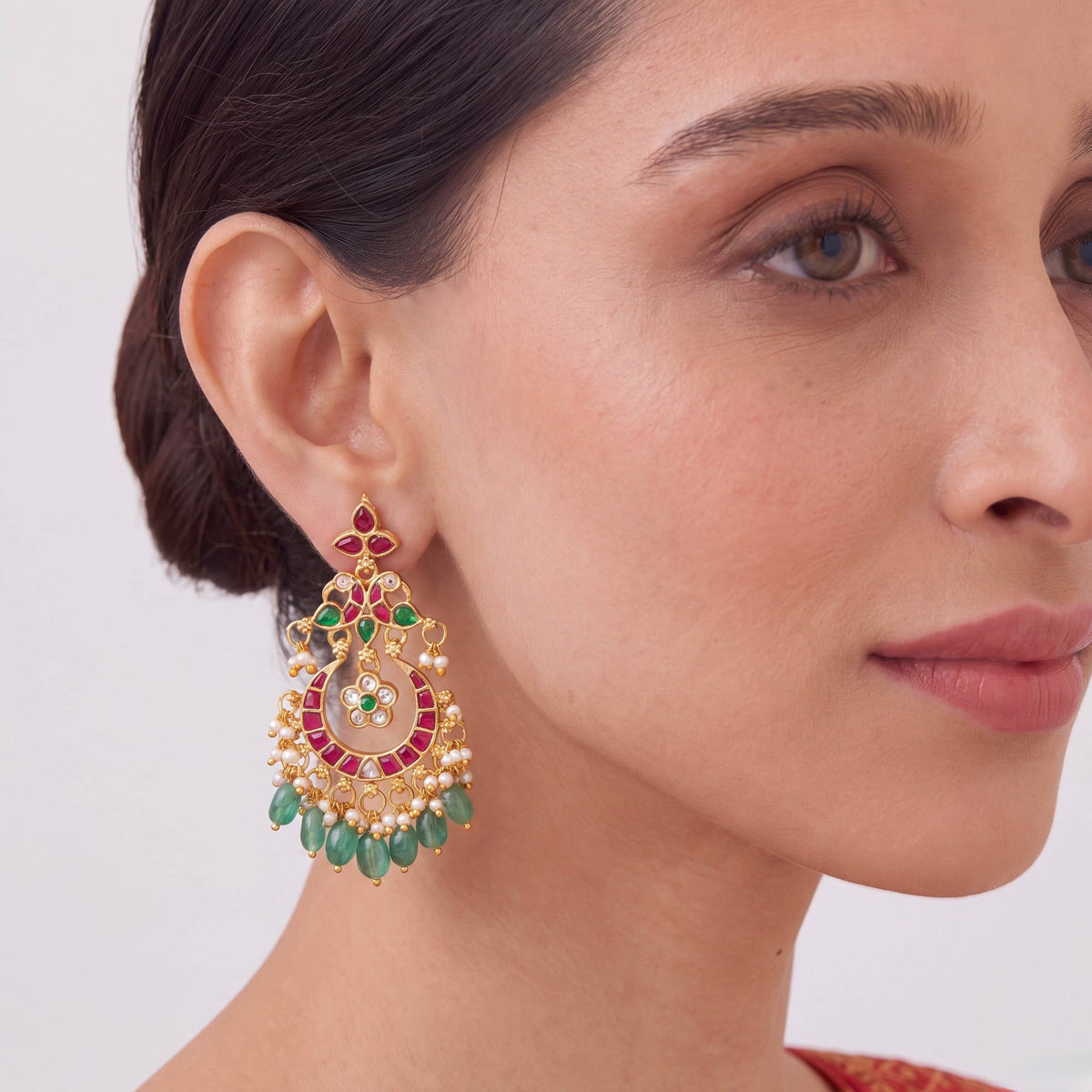 Classic Jadau Kundan Chandbali Earrings With Emerald Drops Close-up Design & Gemstone Detailing - Dulhan Jewels