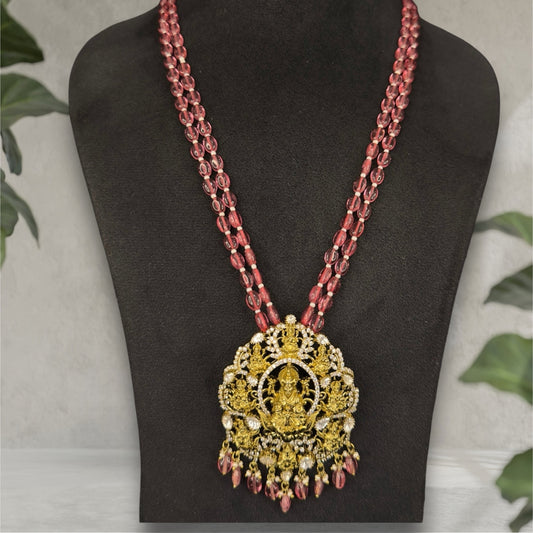 Antique gold Beads Mala set with Temple pendant. This Victorian Jewellery is available in Red,Mint & Pink colour variants. 