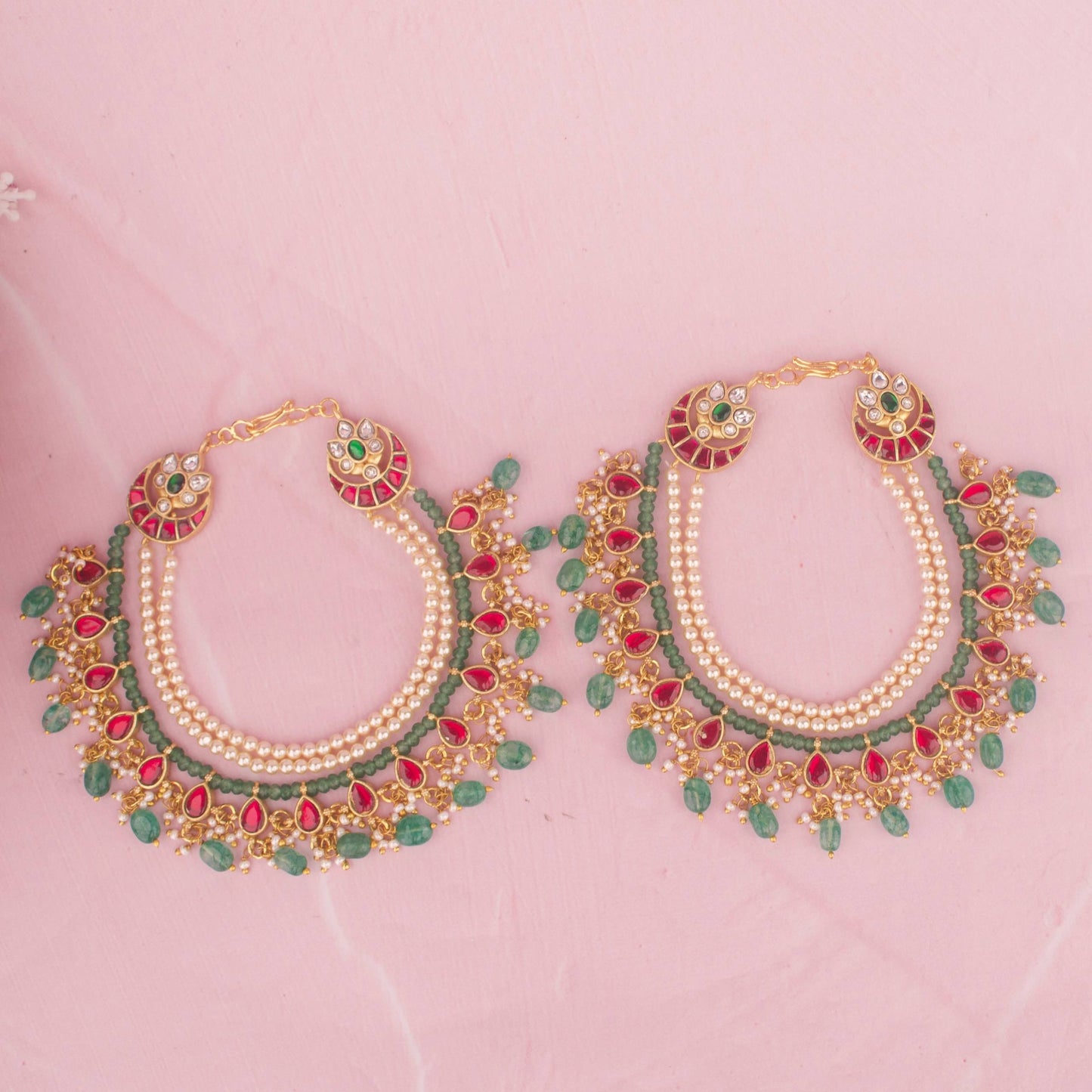 Bridal Jadau Kundan Champasaralu With Green Hangings