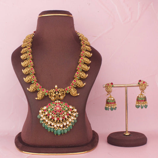 Premium Antique Finish Temple Necklace With Statement Pendant And Jhumkas