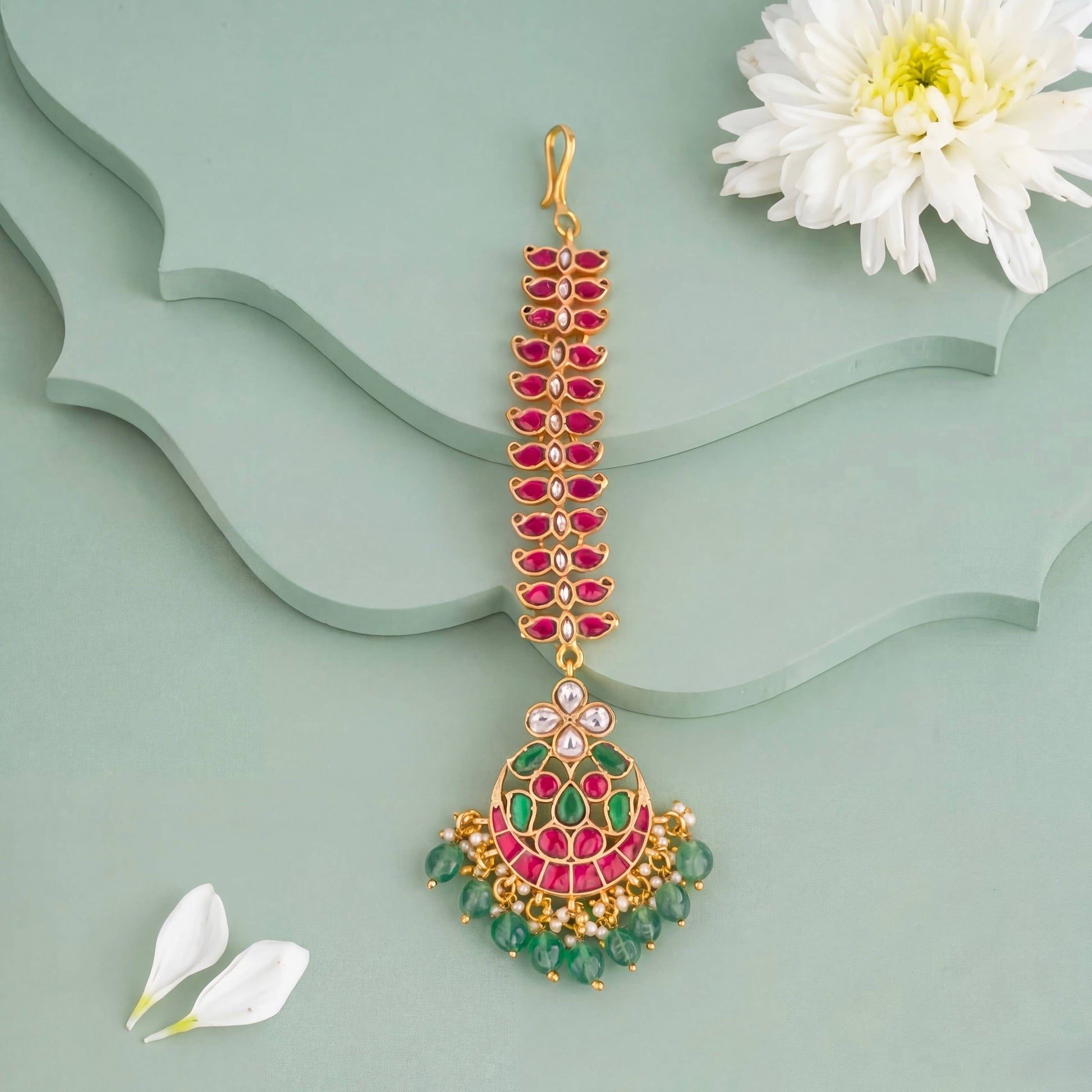 Ethnic Jadau Kundan Maang Tikka With Green Drops - Handcrafted Indian Bridal Jewelry by Dulhan Jewels
