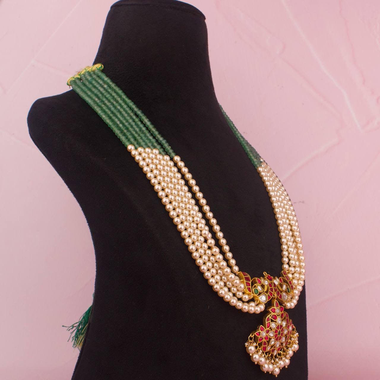 Classic Jadau Kundan Beads Mala In Swarovski Pearl