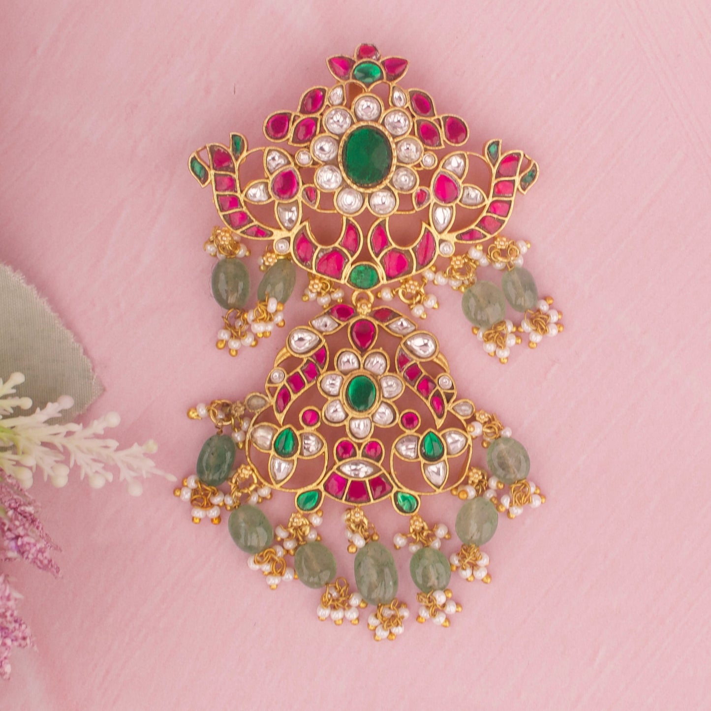 Floral Grandeur Jadau Kundan Pendant With Emerald And Ruby Detailing