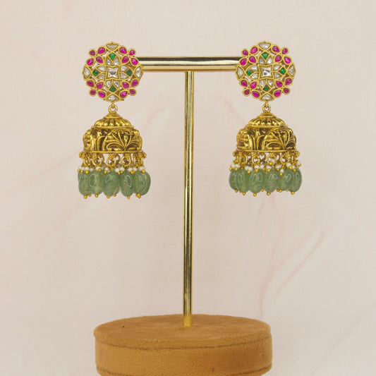 Beaded Jadau Kundan Jhumka with Antique Gold Finish with 22k gold plating. This Product belongs to Jadau Kundan jewellery Category
