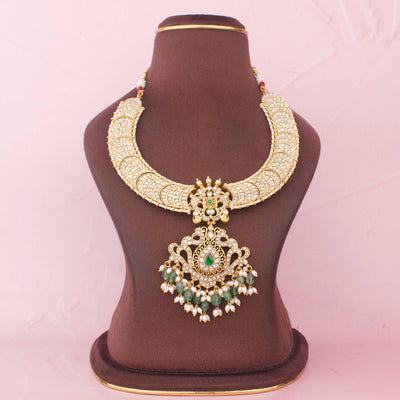 Ethnic Jadau Kundan Necklace With Pearl And Emerald Drops