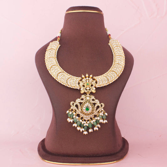 Ethnic Jadau Kundan Necklace With Pearl And Emerald Drops