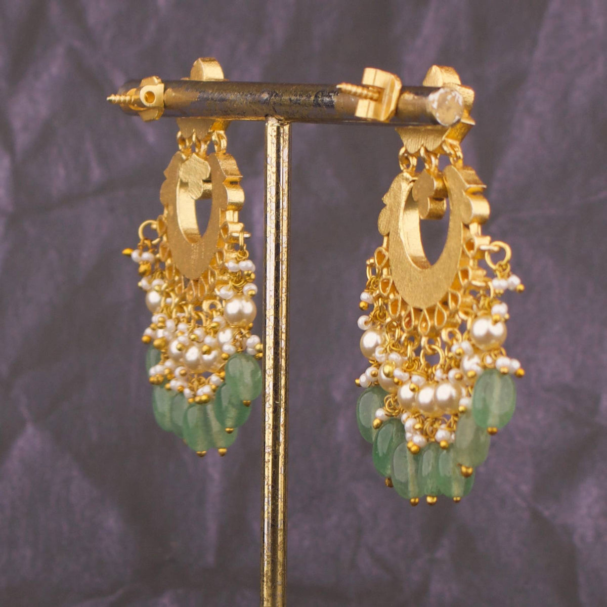 Jadau Kundan Lotus Motif Chandbali Earrings with Pearls And Green Beads Close-up Design & Gemstone Detailing - Dulhan Jewels