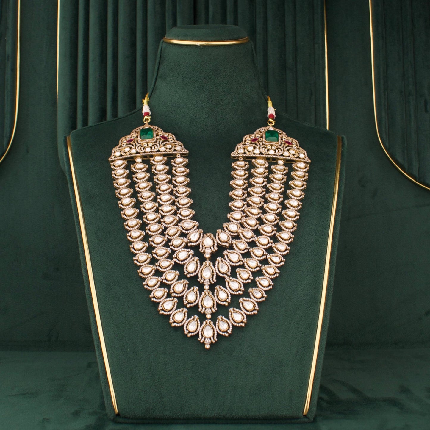 Premium Grand Victorian Polki Necklace Set With Emerald Stone And Matching Earrings