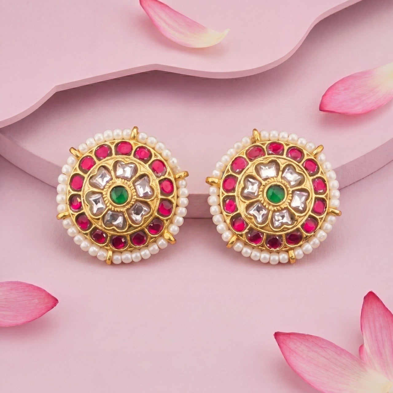 Classic Jadau Kundan Stud Earrings With Pearl Bordering