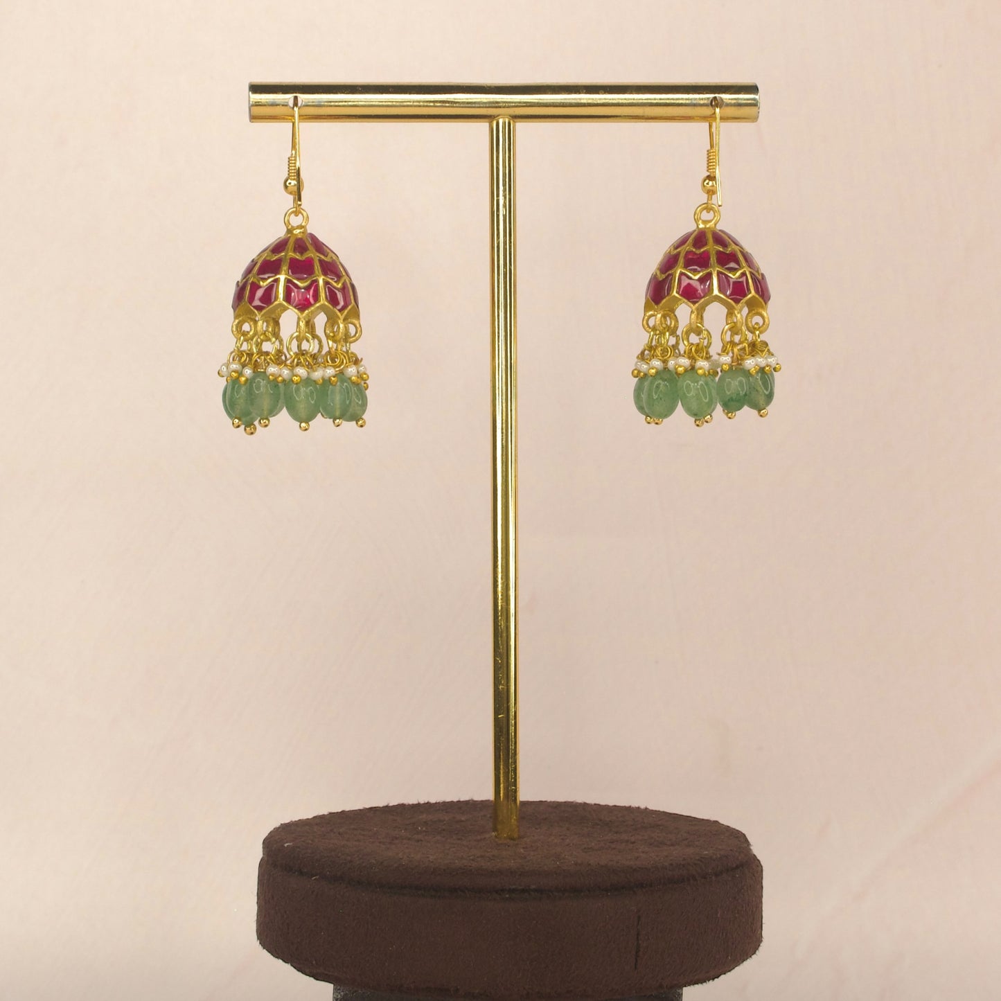 Enchanting Ruby Jadau Kundan Jhumka Earrings with Green beads with 22k gold plating