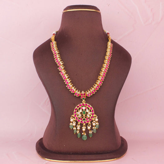 Premium Jadau Kundan Necklace with Pink Stones And Green Beads