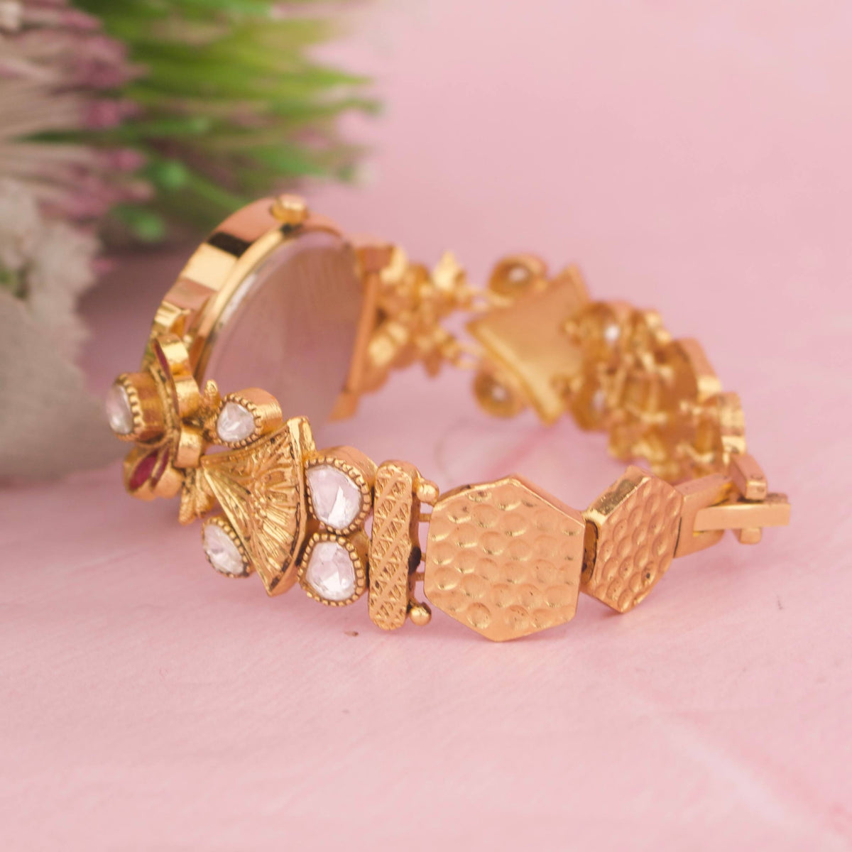 Designer Jadau Kundan Wrist Watch Styling Angle View 4 - Dulhan Jewels