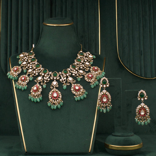 Royal Designer Victorian Polki Necklace Set With Emerald Beads And Ruby Floral Detailing