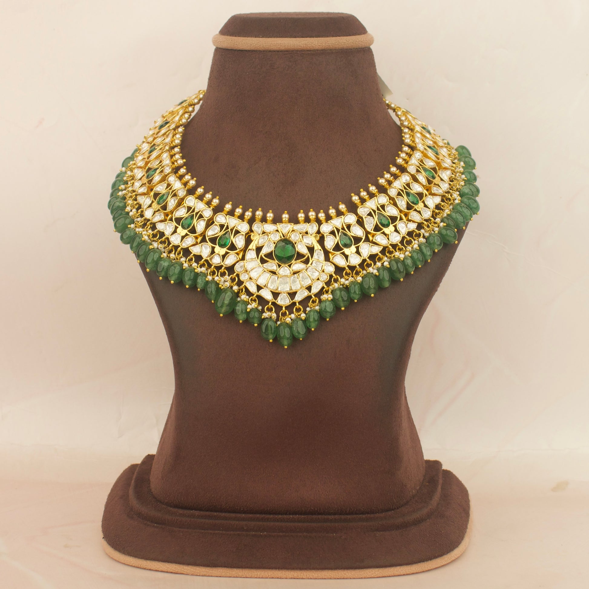 Gold finishing Latest Moissanite Polki Necklace With Green Beads As Hangings
