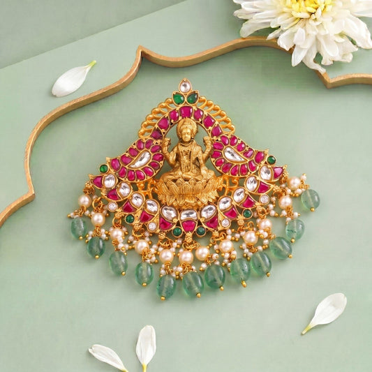 Divine Laxmi Devi Jadau Kundan Pendant With Emerald beads