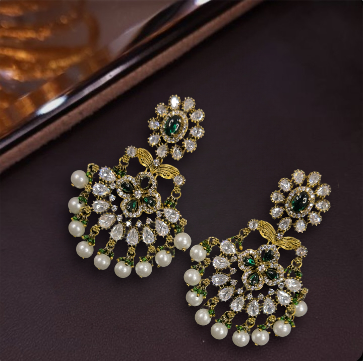 Beautiful Victorian Pearl Chandbali Earrings. This Victorian Jewellery is available in a Green colour variant. 