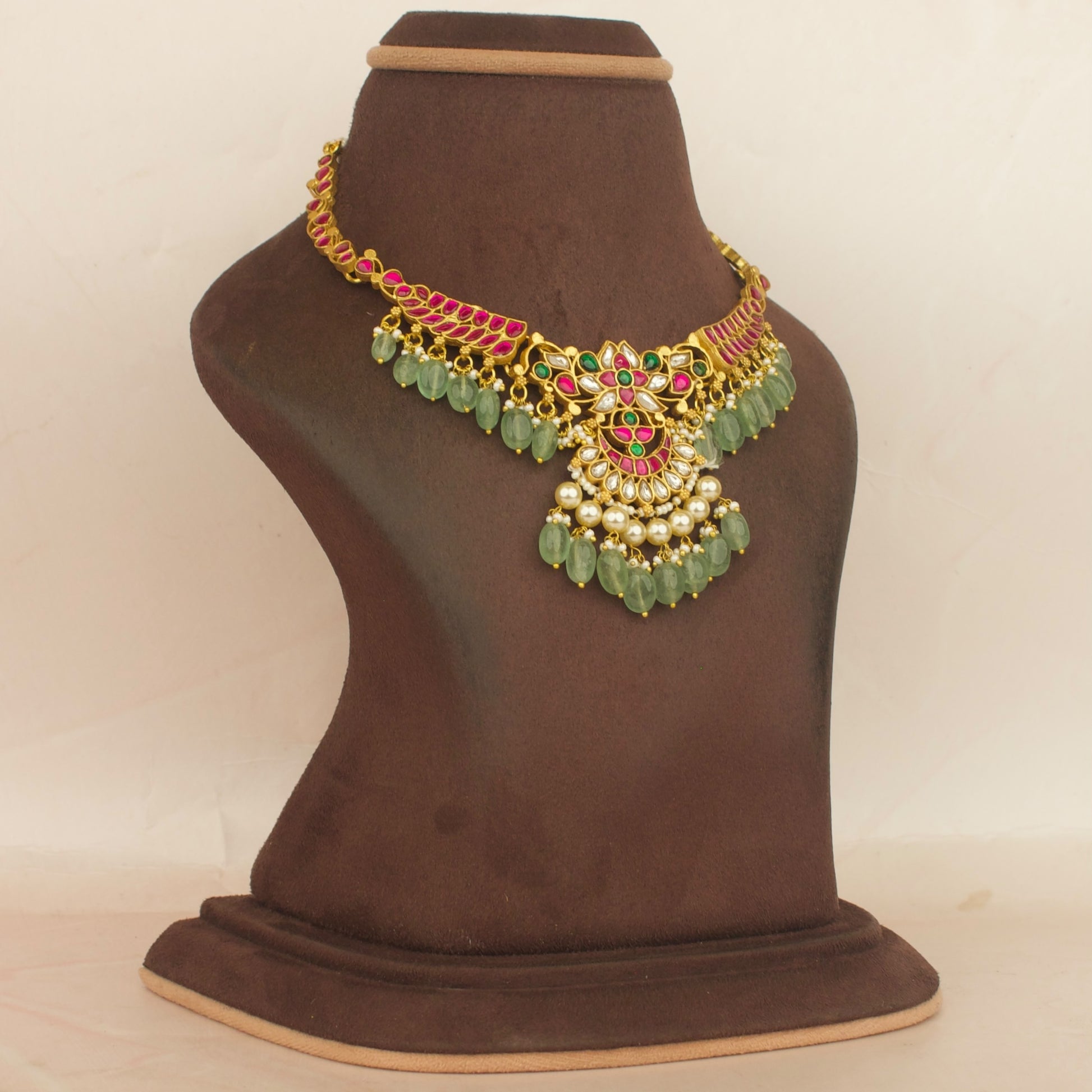 Lotus Chand Design Jadau Kundan Short Necklace with Beads Hanging