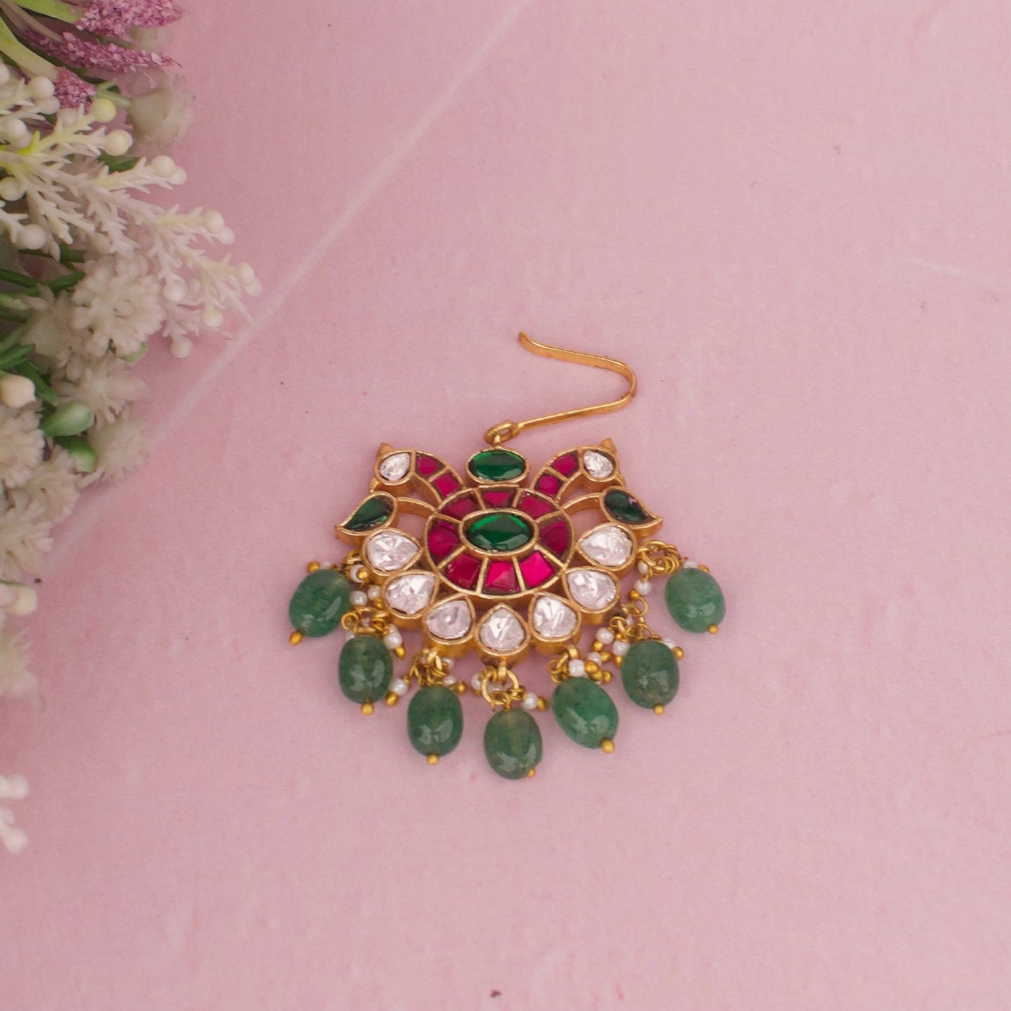 Peacock Jadau Kundan Floral Maangtika With Emerald Drops