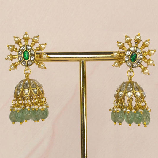 Majestic Green Blossom Jadau Kundan Jhumkas