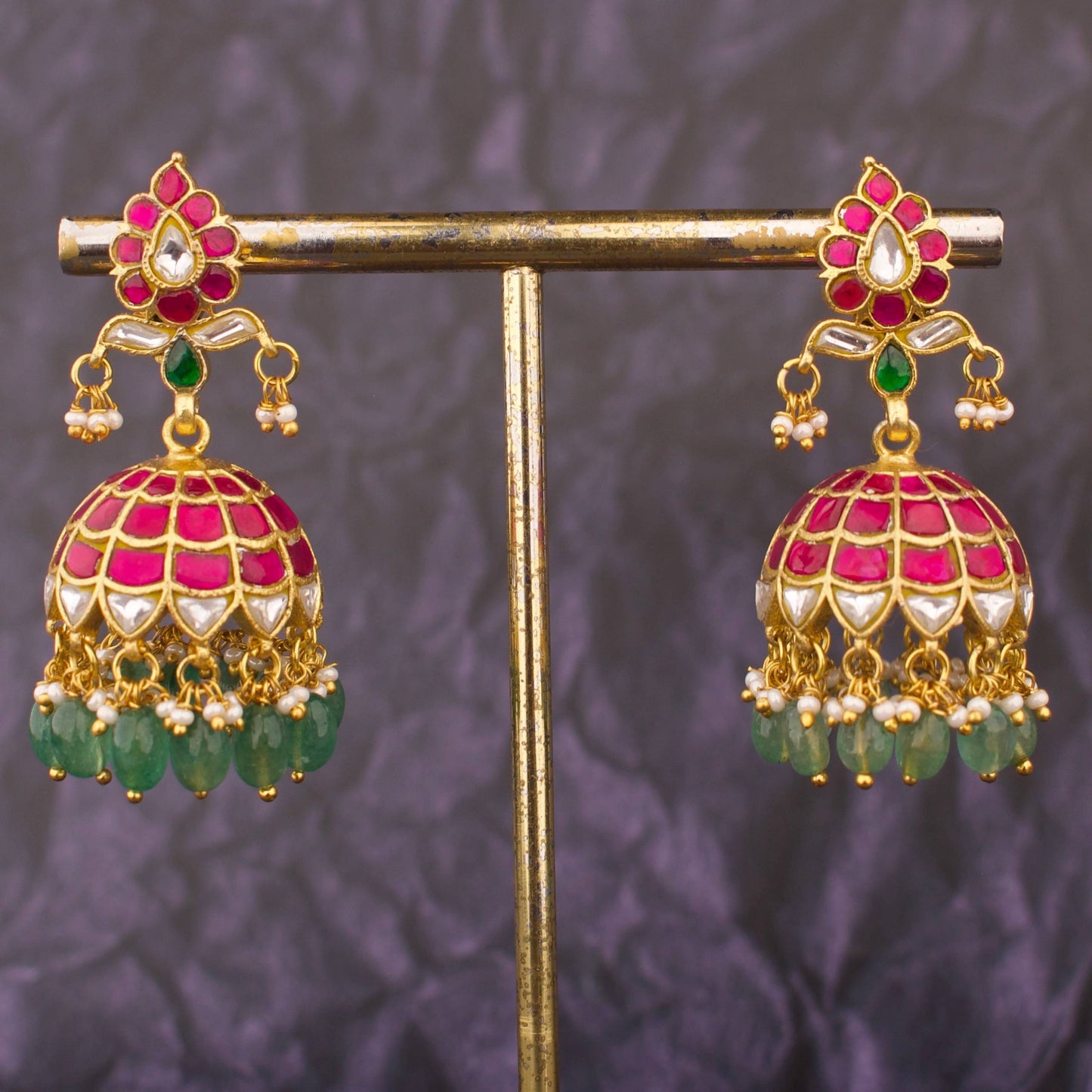 Ethnic Jadau Kundan Jhumki Earrings With Pink Stones and Green Beads