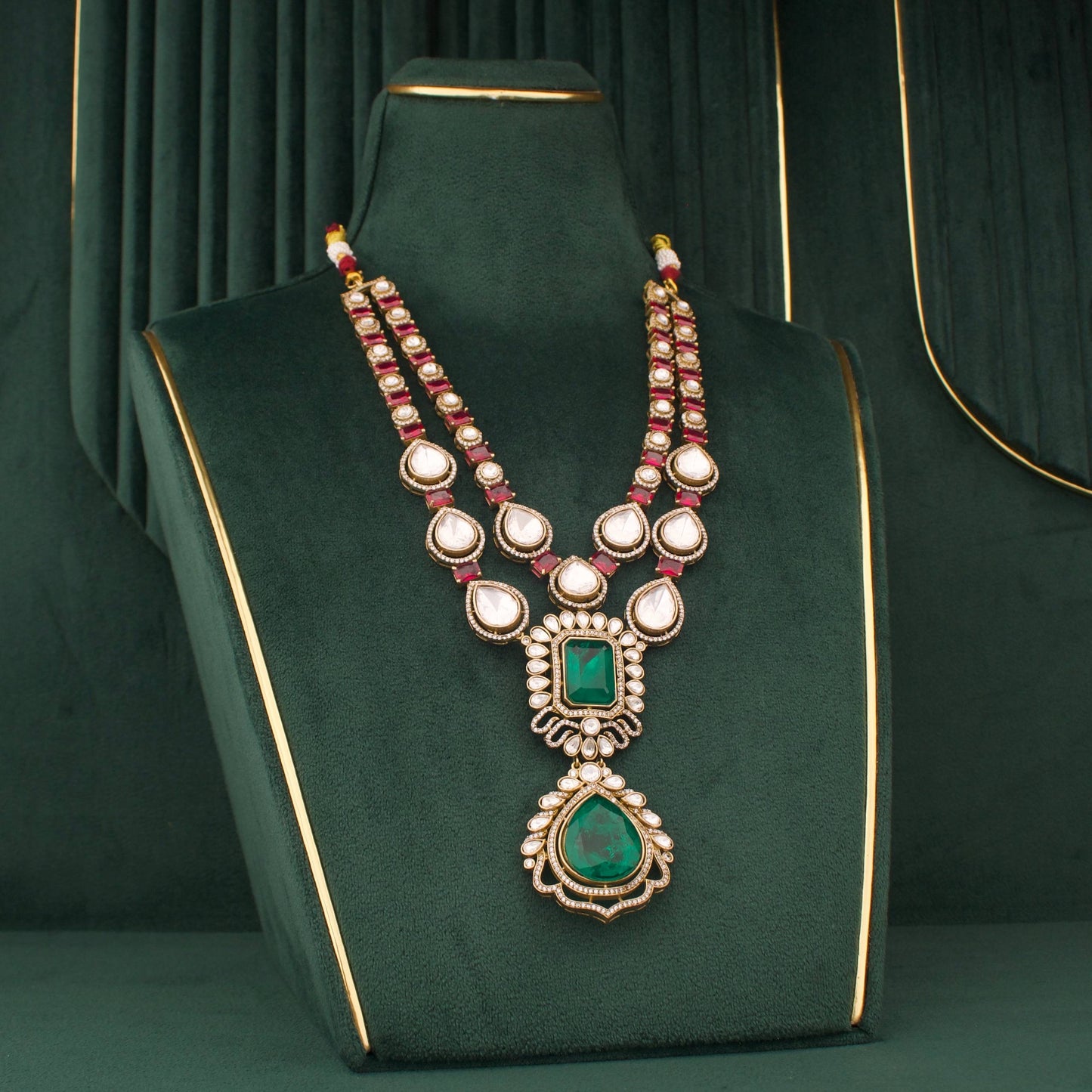 Bridal Victorian Polki Layered Necklace With Matching Earrings