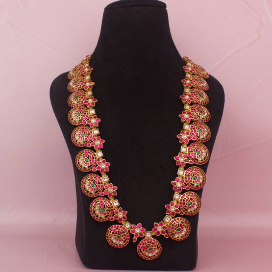 Traditional Jadau Kundan Long Bottumala Haram With Peacock Carving