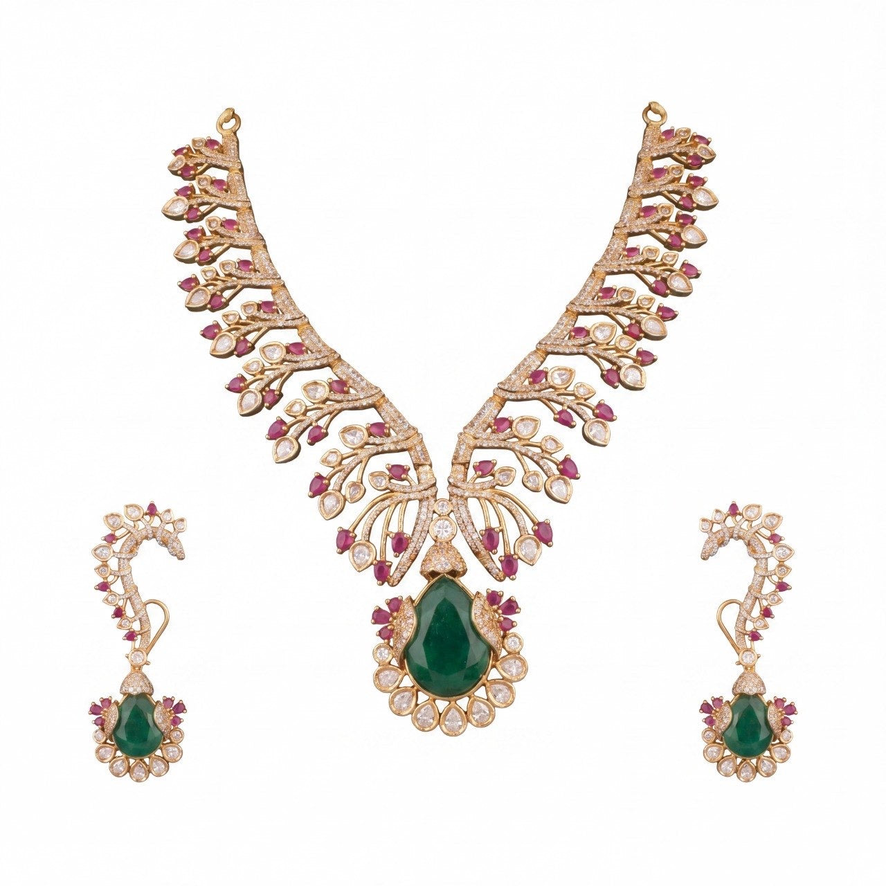 Grand Victorian Emerald Drop Necklace Set With Designer Earrings